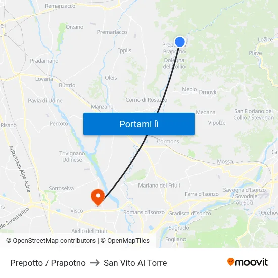 Prepotto / Prapotno to San Vito Al Torre map