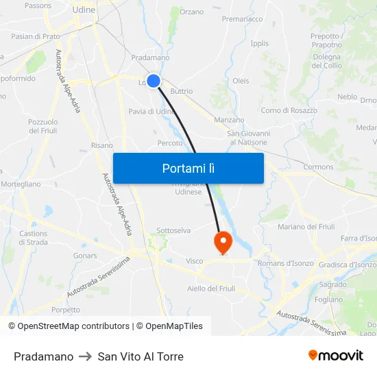 Pradamano to San Vito Al Torre map