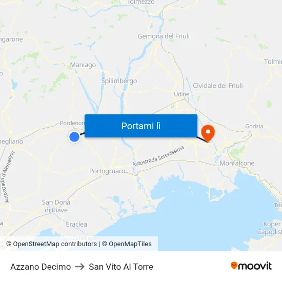 Azzano Decimo to San Vito Al Torre map