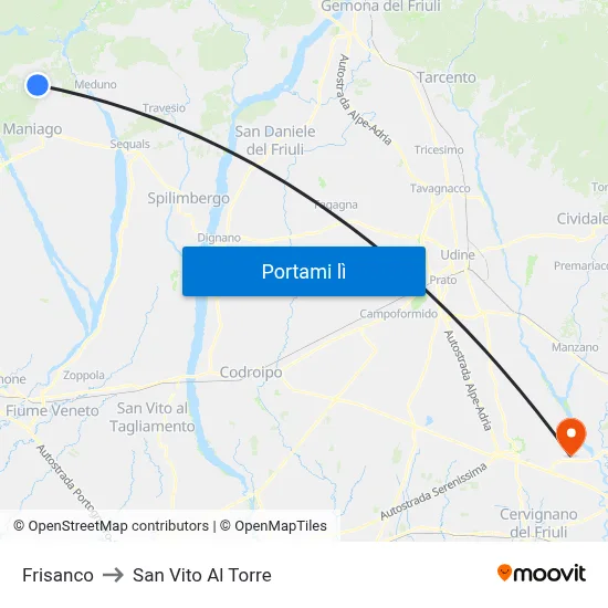 Frisanco to San Vito Al Torre map