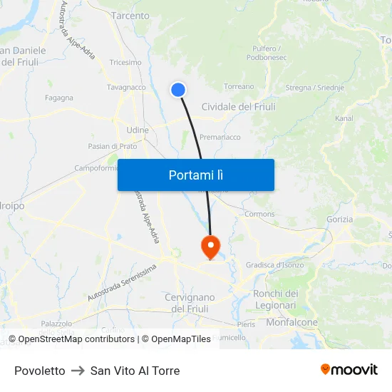 Povoletto to San Vito Al Torre map
