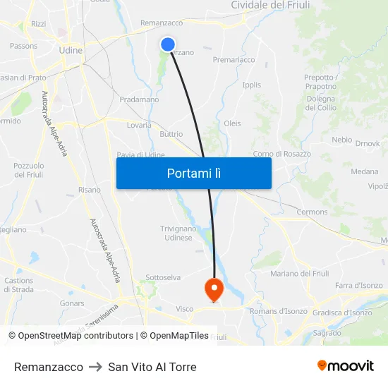 Remanzacco to San Vito Al Torre map
