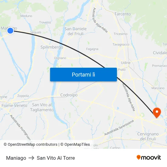 Maniago to San Vito Al Torre map