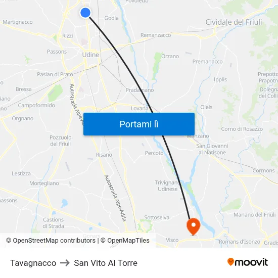 Tavagnacco to San Vito Al Torre map