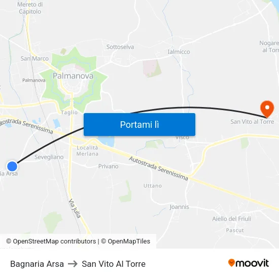 Bagnaria Arsa to San Vito Al Torre map