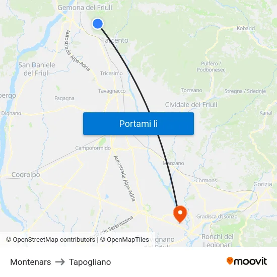 Montenars to Tapogliano map