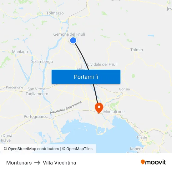 Montenars to Villa Vicentina map