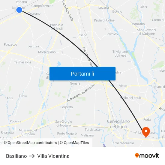 Basiliano to Villa Vicentina map