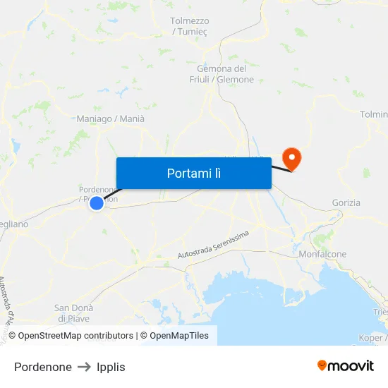 Pordenone to Ipplis map