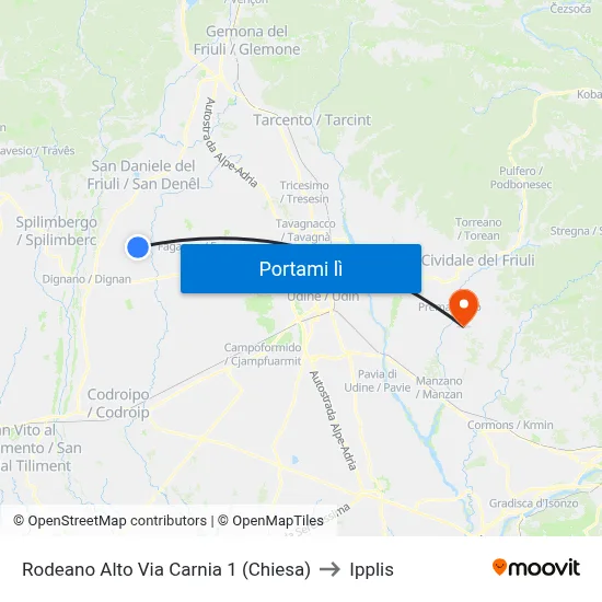 Rodeano Alto Via Carnia 1 (Chiesa) to Ipplis map