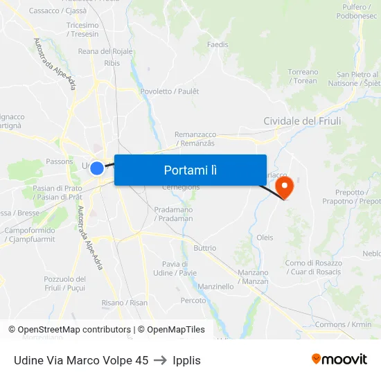 Udine Via Marco Volpe 45 to Ipplis map