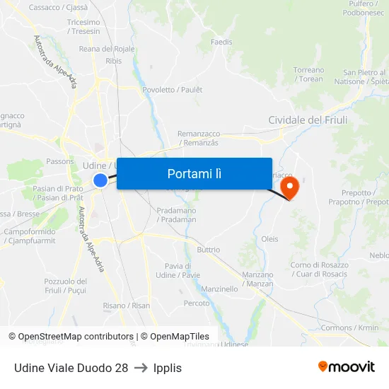 Udine Viale Duodo 28 to Ipplis map