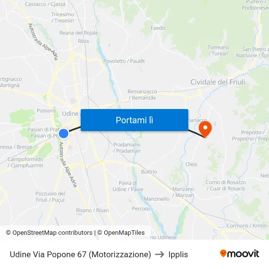 Udine Via Popone 67 (Motorizzazione) to Ipplis map