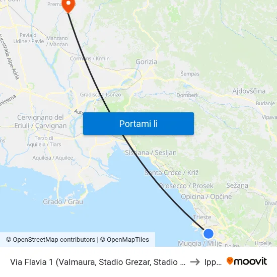 Via Flavia 1 (Valmaura, Stadio Grezar, Stadio Rocco) to Ipplis map