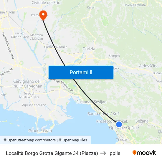 Località Borgo Grotta Gigante 34 (Piazza) to Ipplis map
