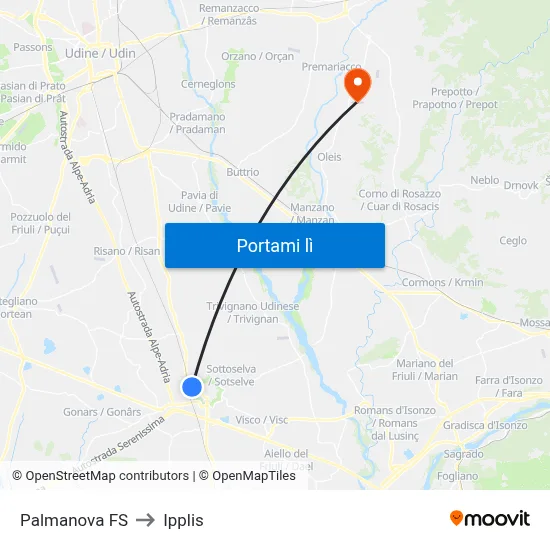 Palmanova FS to Ipplis map