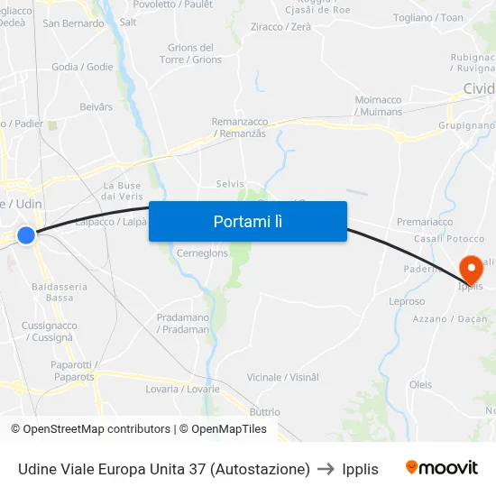 Udine Viale Europa Unita 37 (Autostazione) to Ipplis map