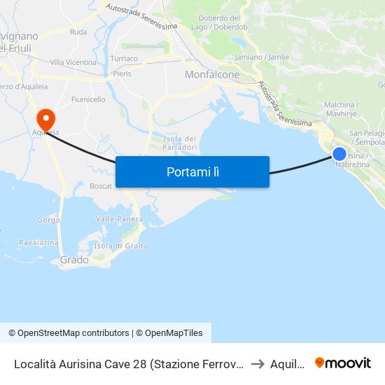 Località Aurisina Cave 28 (Stazione Ferroviaria) to Aquileia map