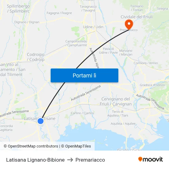 Latisana Lignano-Bibione to Premariacco map
