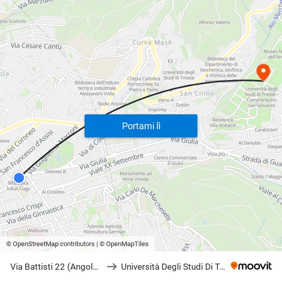 Via Battisti 22 (Angolo Via Giuseppe Lorenzo Gatteri) to Università Degli Studi Di Trieste - Comprensorio San Giovanni map