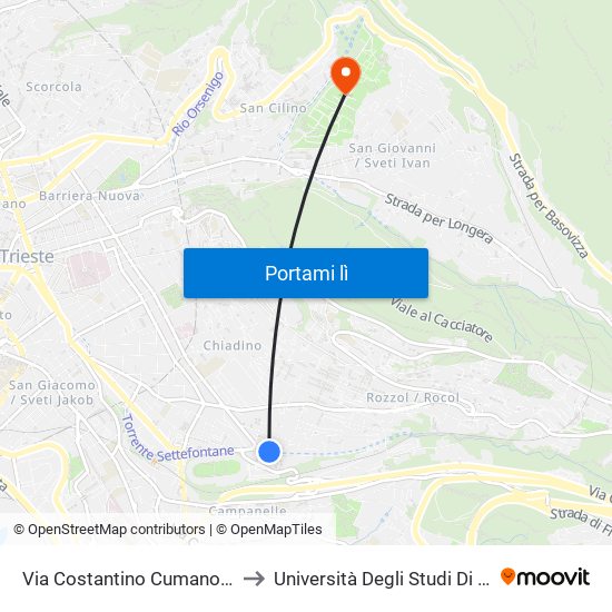 Via Costantino Cumano 2 (Angolo Via Eugenio Scomparini) to Università Degli Studi Di Trieste - Comprensorio San Giovanni map