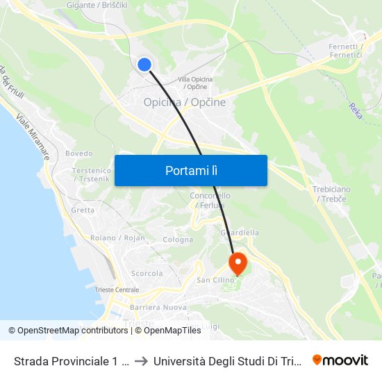 Strada Provinciale 1 Del Carso 1249 (Opicina) to Università Degli Studi Di Trieste - Comprensorio San Giovanni map