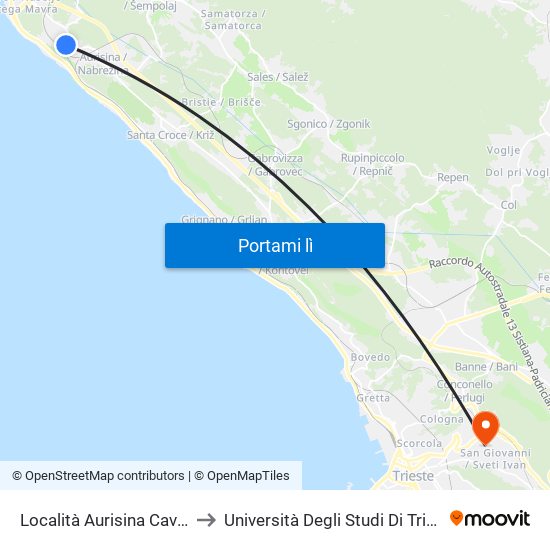 Località Aurisina Cave 28 (Stazione Ferroviaria) to Università Degli Studi Di Trieste - Comprensorio San Giovanni map