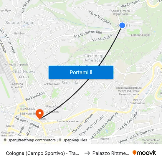 Cologna (Campo Sportivo) - Tramvia to Palazzo Rittmeyer map