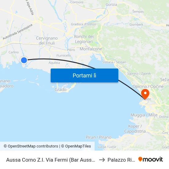 Aussa Corno Z.I. Via Fermi (Bar Aussa Corno, Direz.Udine) to Palazzo Rittmeyer map