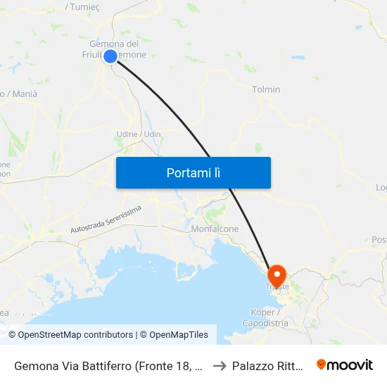 Gemona Via Battiferro (Fronte 18, Ospedale) to Palazzo Rittmeyer map