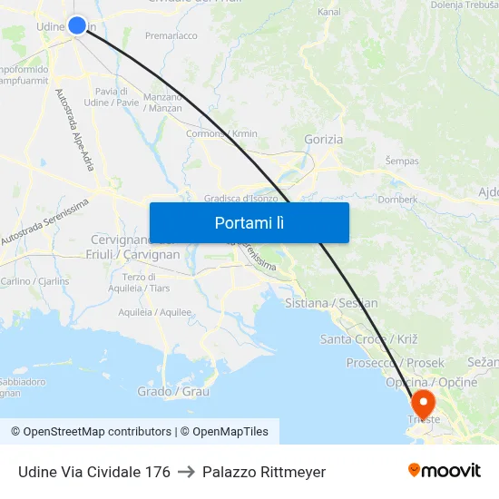 Udine Via Cividale 176 to Palazzo Rittmeyer map