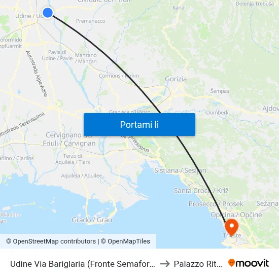 Udine Via Bariglaria (Fronte Semaforo San Gottardo) to Palazzo Rittmeyer map