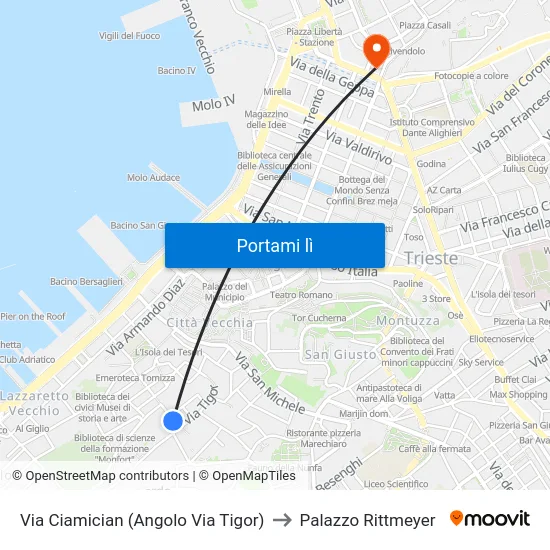 Via Ciamician (Angolo Via Tigor) to Palazzo Rittmeyer map