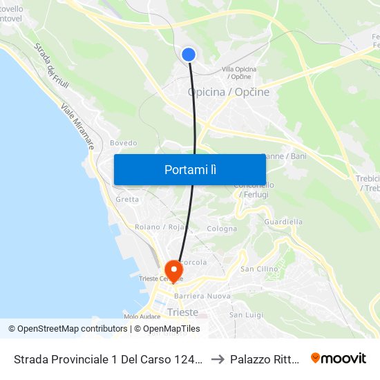 Strada Provinciale 1 Del Carso 1249 (Opicina) to Palazzo Rittmeyer map