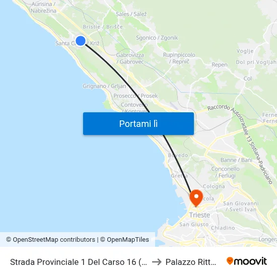 Strada Provinciale 1 Del Carso 16 (Chiosco) to Palazzo Rittmeyer map