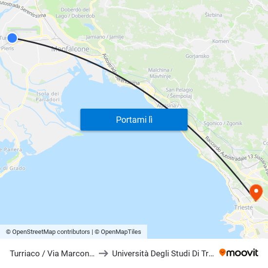 Turriaco / Via Marconi, 35 to Università Degli Studi Di Trieste map