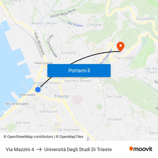 Via Mazzini 4 to Università Degli Studi Di Trieste map