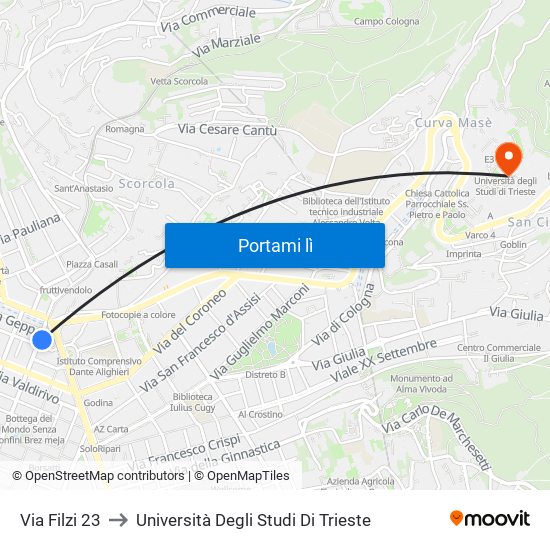 Via Filzi 23 to Università Degli Studi Di Trieste map