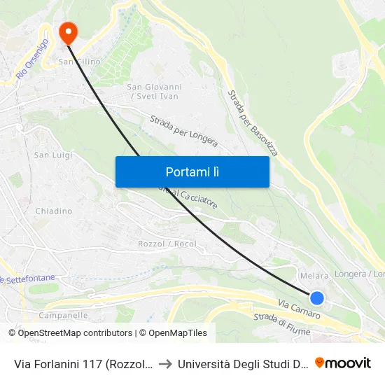 Via Forlanini 117 (Rozzol Melara) to Università Degli Studi Di Trieste map