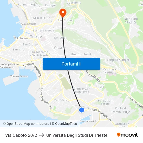 Via Caboto 20/2 to Università Degli Studi Di Trieste map