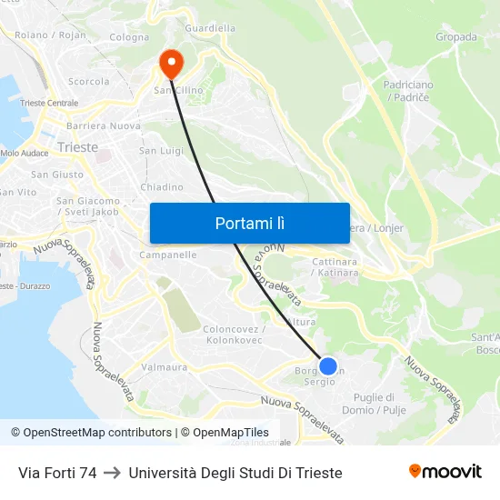 Via Forti 74 to Università Degli Studi Di Trieste map