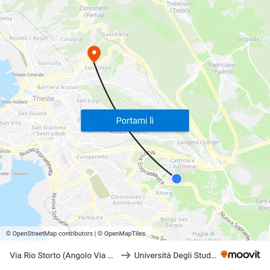 Via Rio Storto (Angolo Via Del Montasio) to Università Degli Studi Di Trieste map