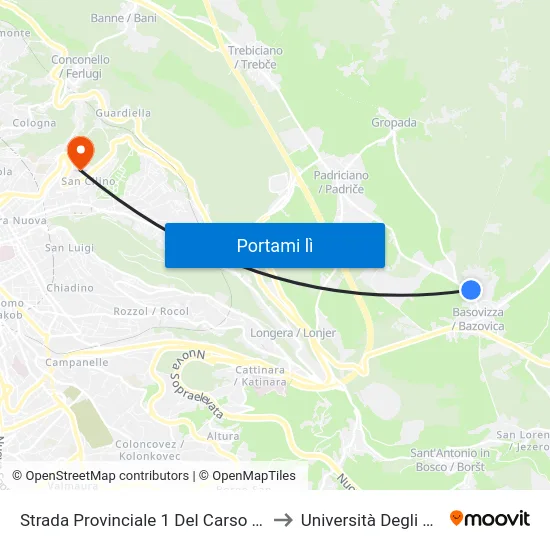 Strada Provinciale 1 Del Carso (Parcheggio Basovizza) to Università Degli Studi Di Trieste map
