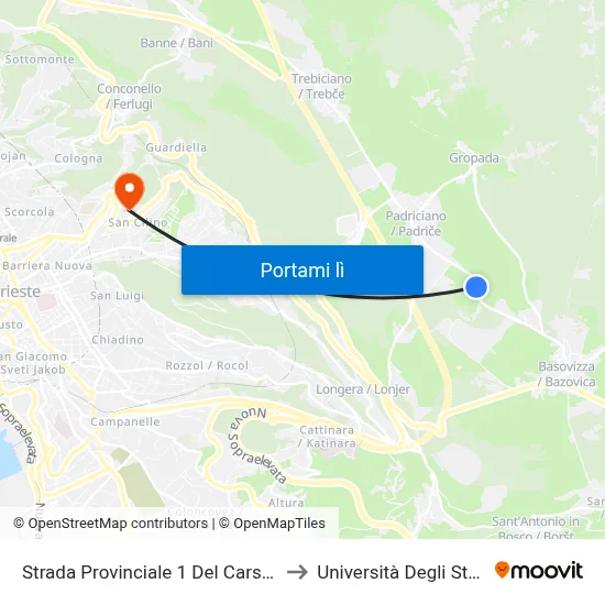 Strada Provinciale 1 Del Carso 173 (Padriciano) to Università Degli Studi Di Trieste map