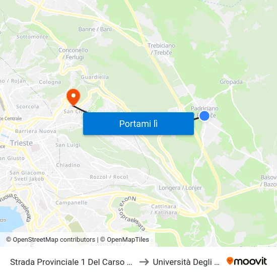 Strada Provinciale 1 Del Carso 59 (Chiesa Di Padriciano) to Università Degli Studi Di Trieste map