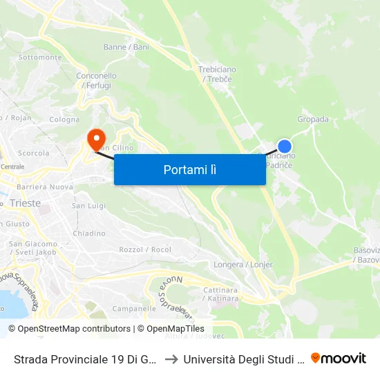 Strada Provinciale 19 Di Gropada 130 to Università Degli Studi Di Trieste map
