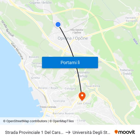 Strada Provinciale 1 Del Carso 1249 (Opicina) to Università Degli Studi Di Trieste map