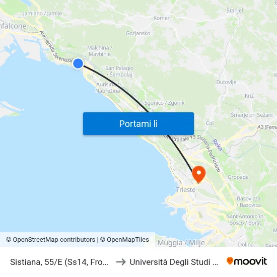 Sistiana, 55/E (Ss14, Fronte Hotel) to Università Degli Studi Di Trieste map