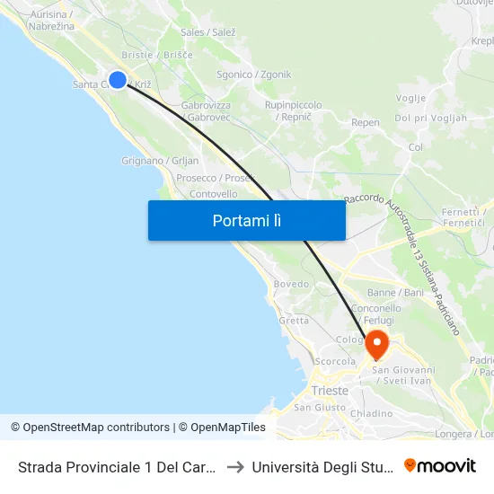 Strada Provinciale 1 Del Carso 16 (Chiosco) to Università Degli Studi Di Trieste map