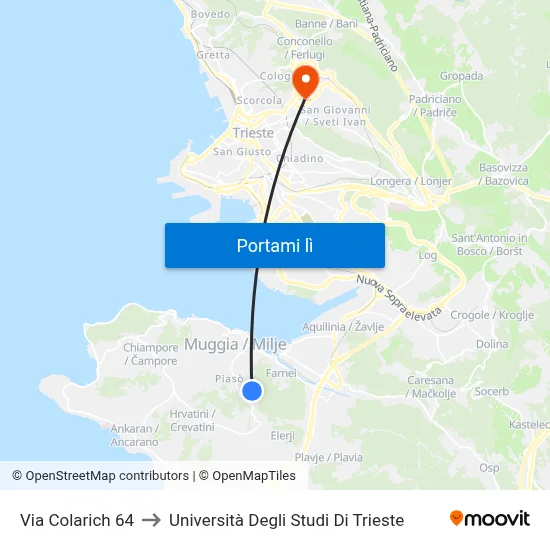 Via Colarich 64 to Università Degli Studi Di Trieste map